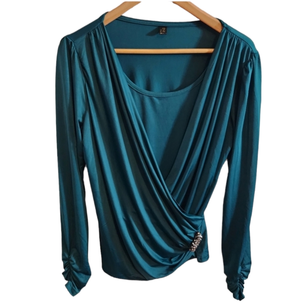 Green Criss-Cross Wrap Jeweled Side Long Sleeve Blouse
